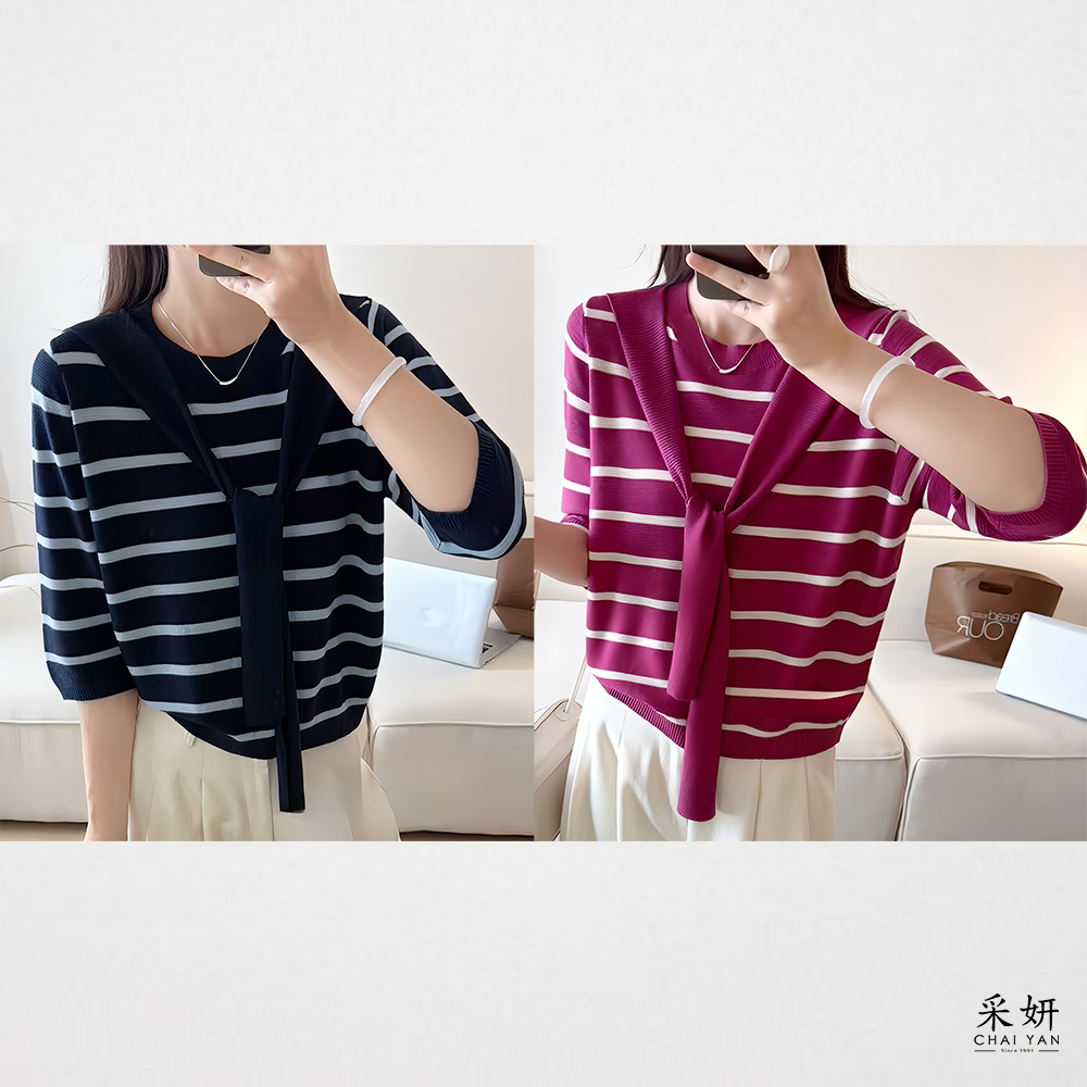 條紋帶領巾針織圓領半袖上衣