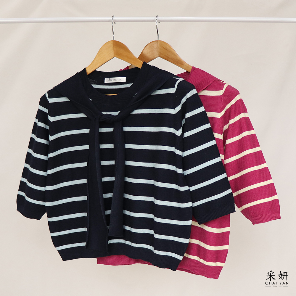 條紋帶領巾針織圓領半袖上衣