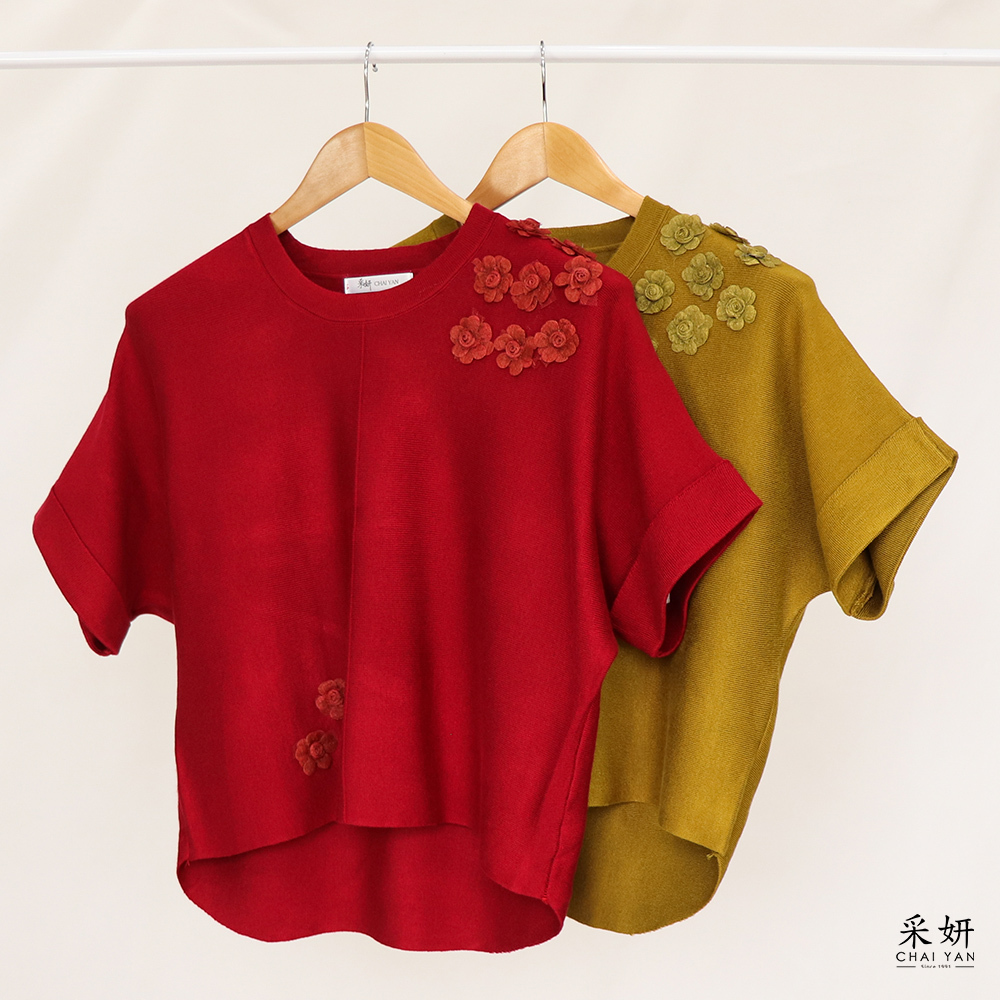 無肩線蕾絲玫瑰針織圓領飛鼠半袖上衣