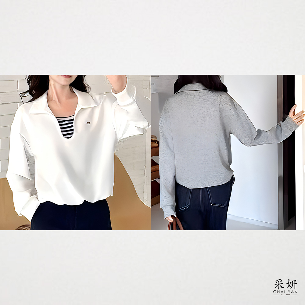 落肩假兩件條紋V翻領長袖上衣