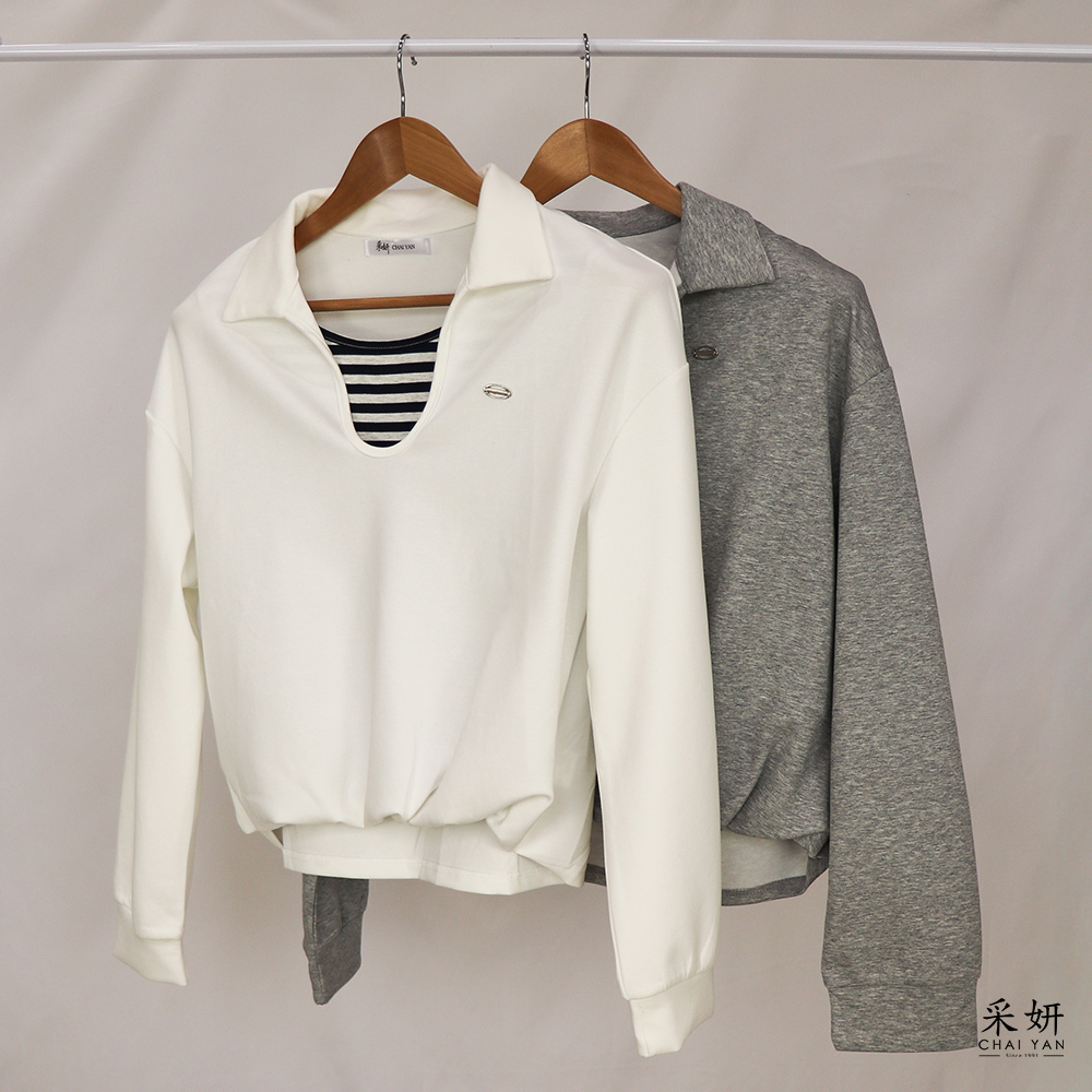 落肩假兩件條紋V翻領長袖上衣