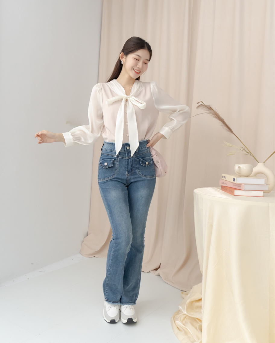 毛邊口袋設計修身喇叭牛仔褲