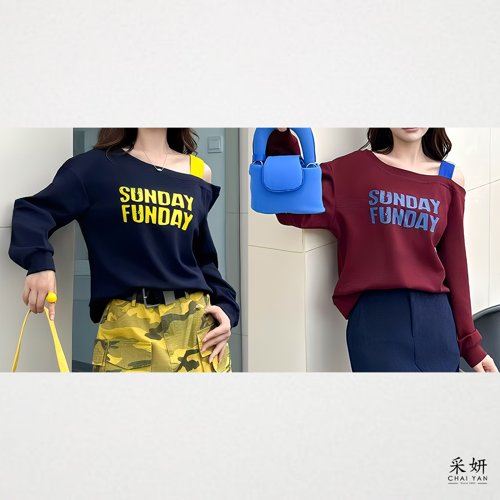 跳色字母印花滑棉斜肩長袖上衣