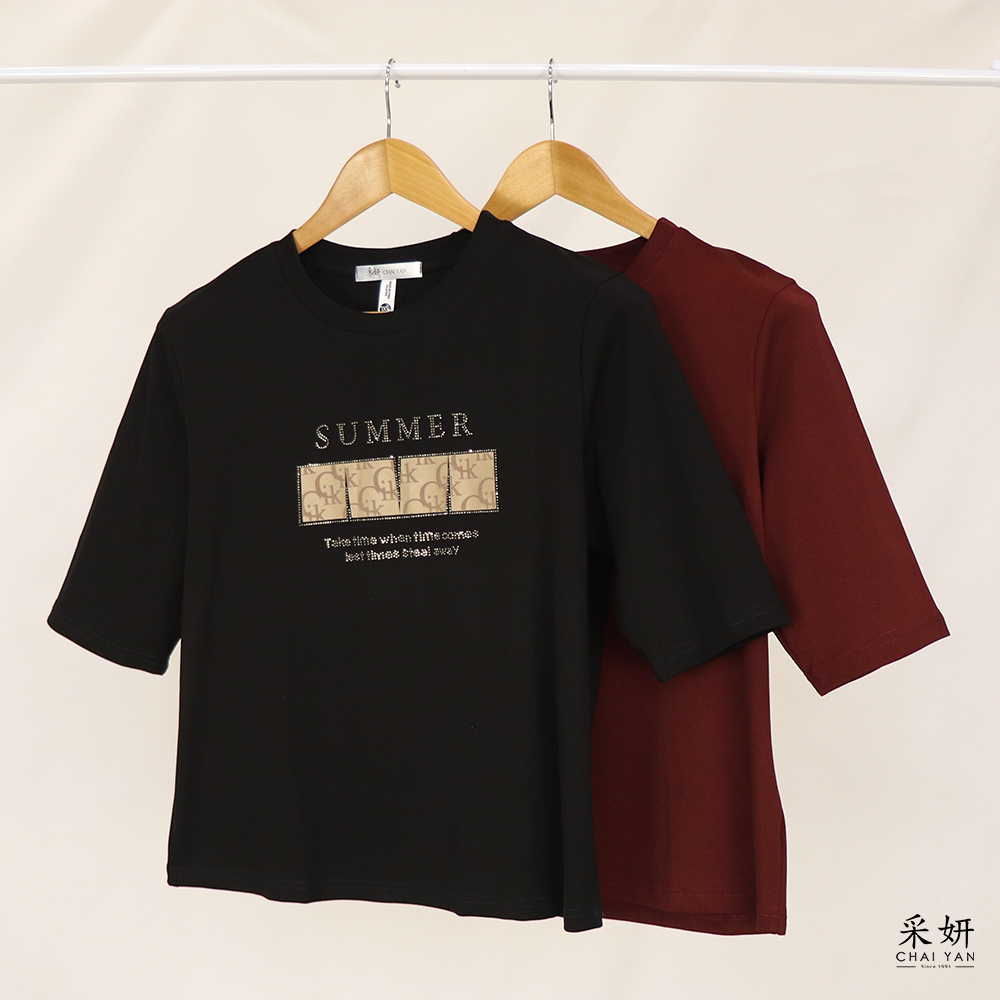 字母燙鑽膠印圓領半袖上衣