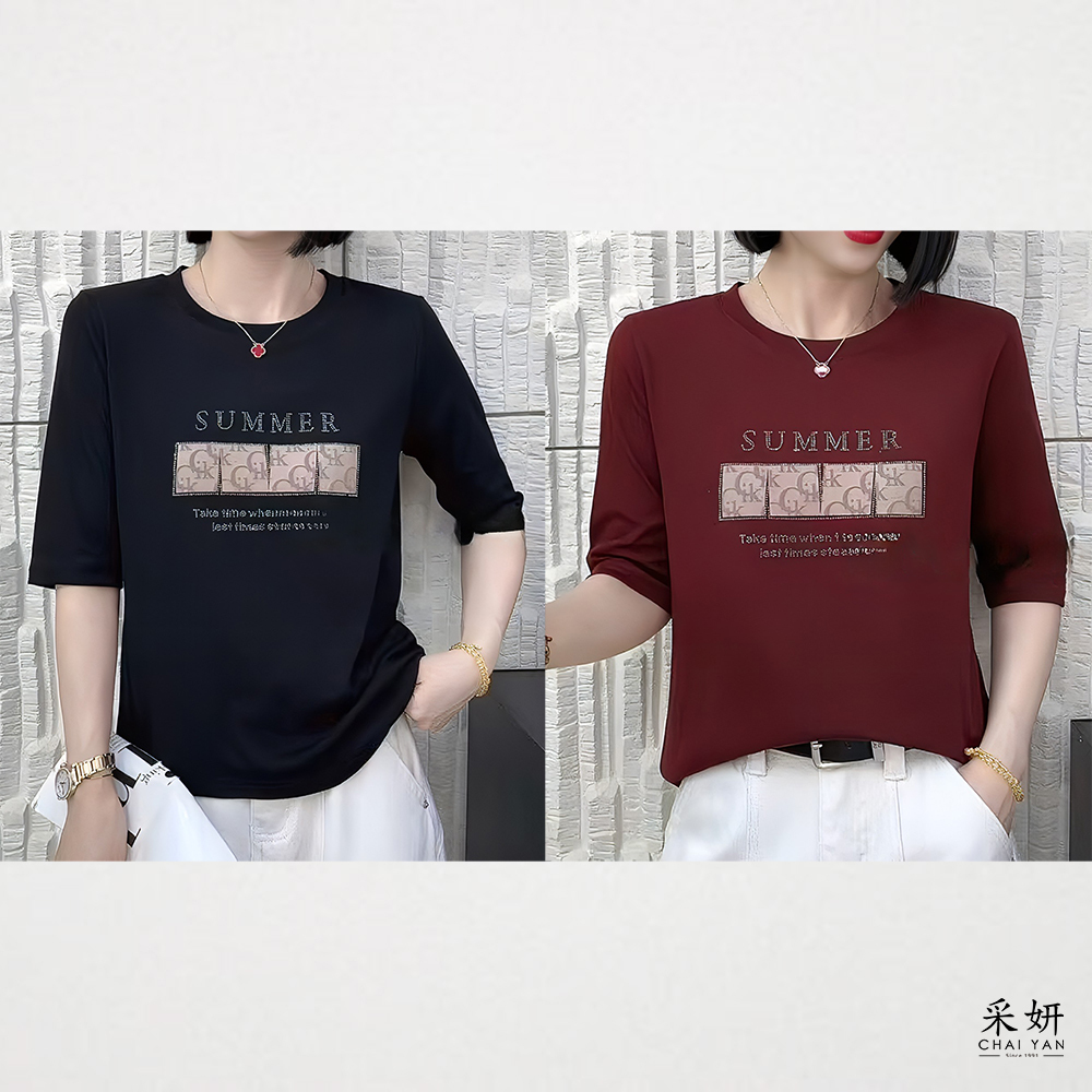 字母燙鑽膠印圓領半袖上衣