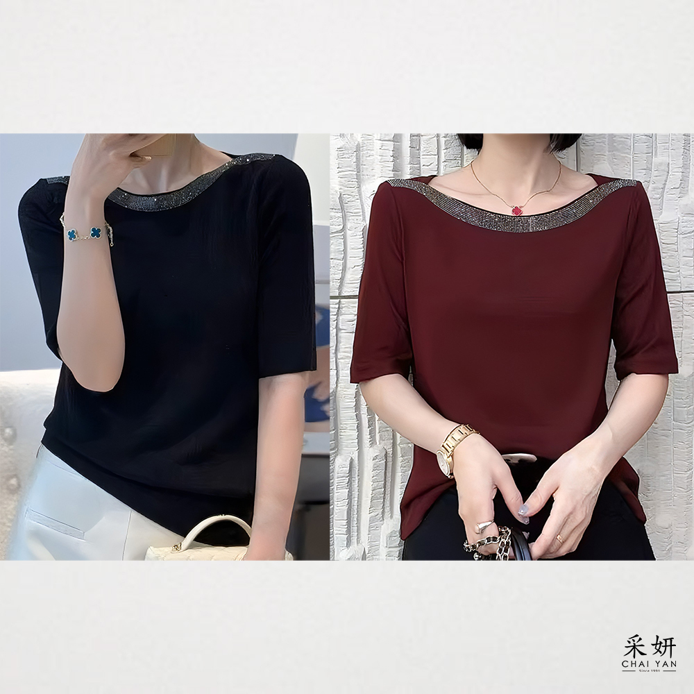 水鑽燙印領口一字領半袖上衣