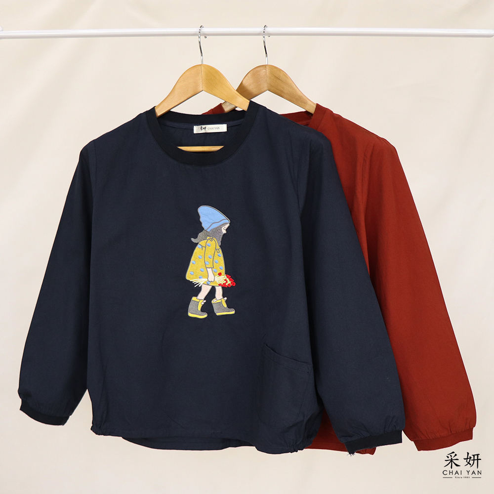 花束女孩微立體刺繡圓領九分袖上衣