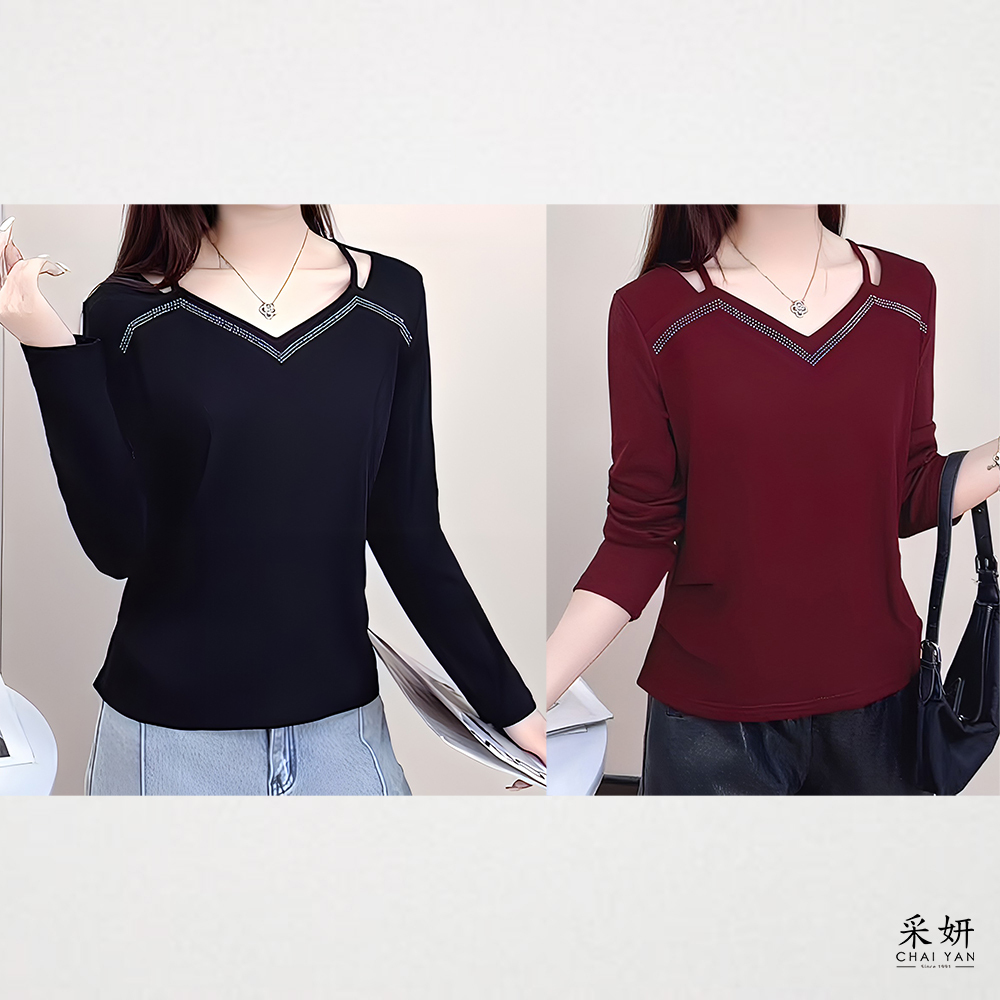 羅紋水鑽燙印V領九分袖上衣