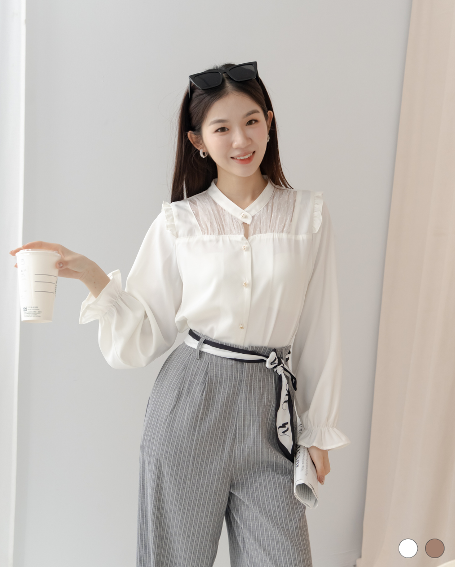 氣質剪接設計波浪袖上衣