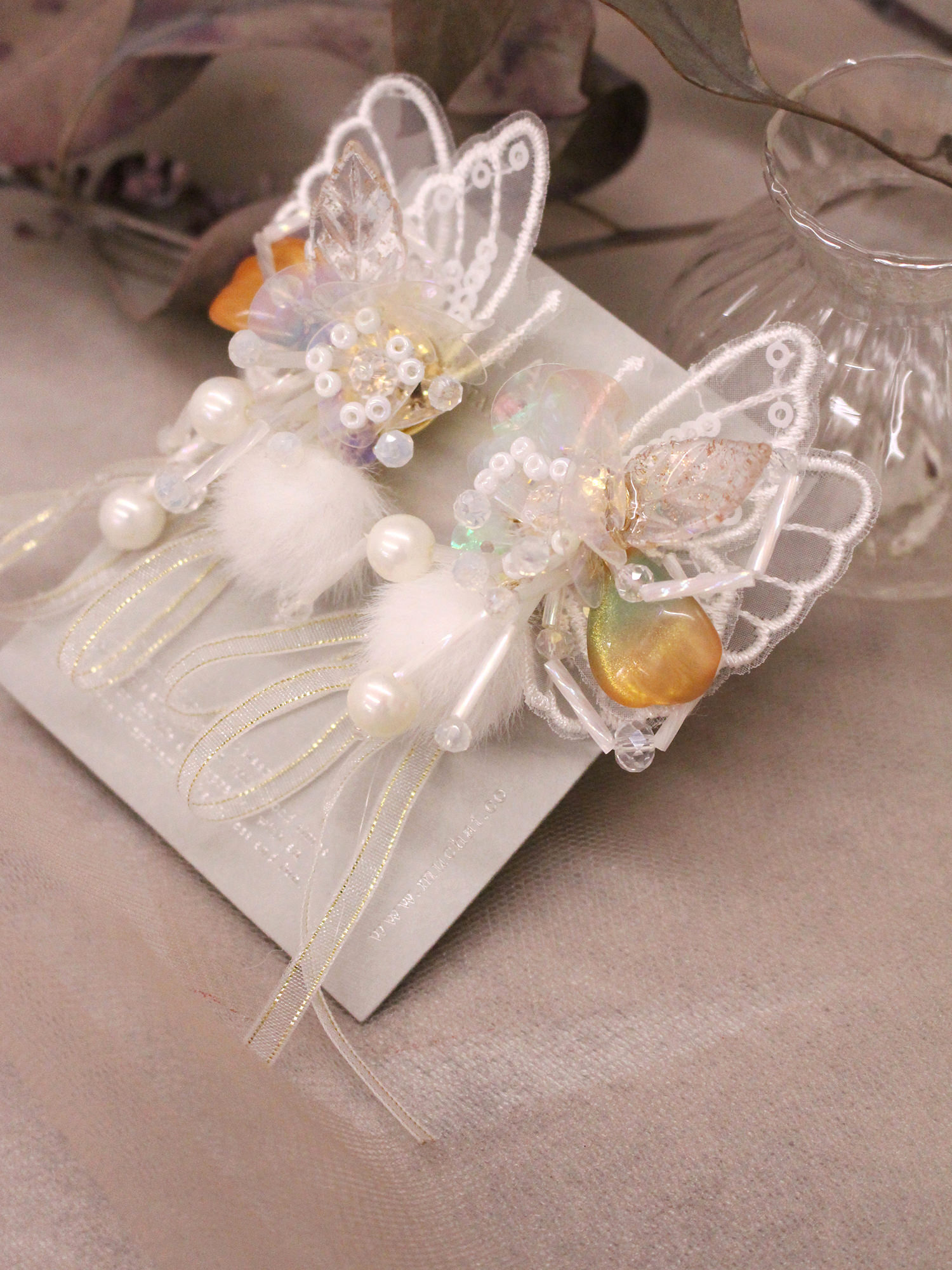 秋日感性。(2way)MUCHAT手作14KGP蝴蝶花葉毛球純銀針耳環