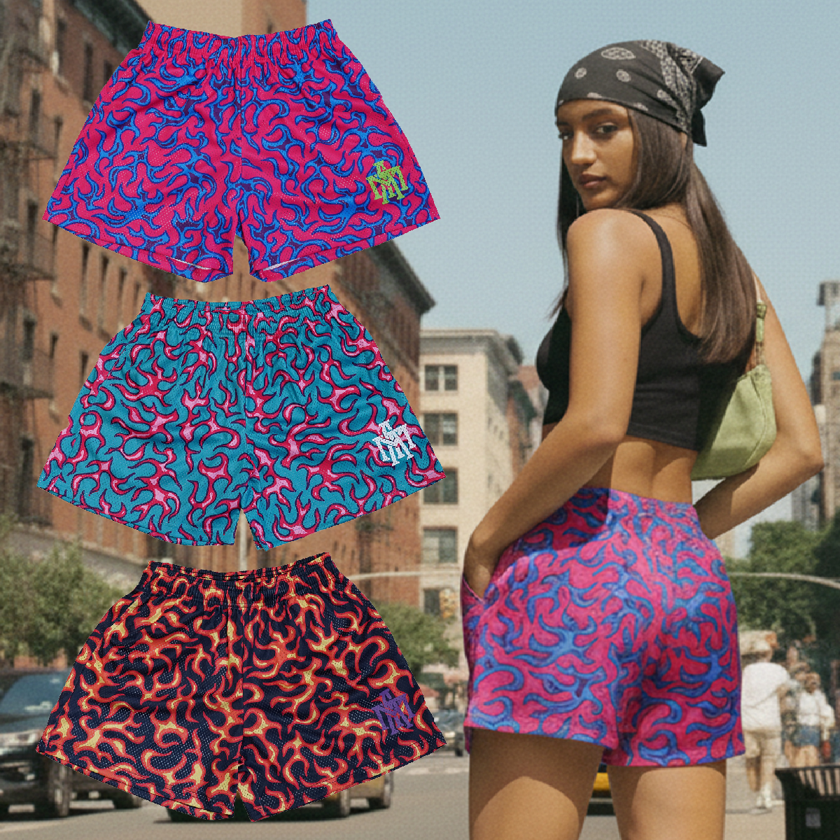 MTA FULL-PRINT FLAME MESH SHORTS 黑 綠 粉 透氣 運動 網眼 滿版火焰 單層 網布 短褲【MT25P002】