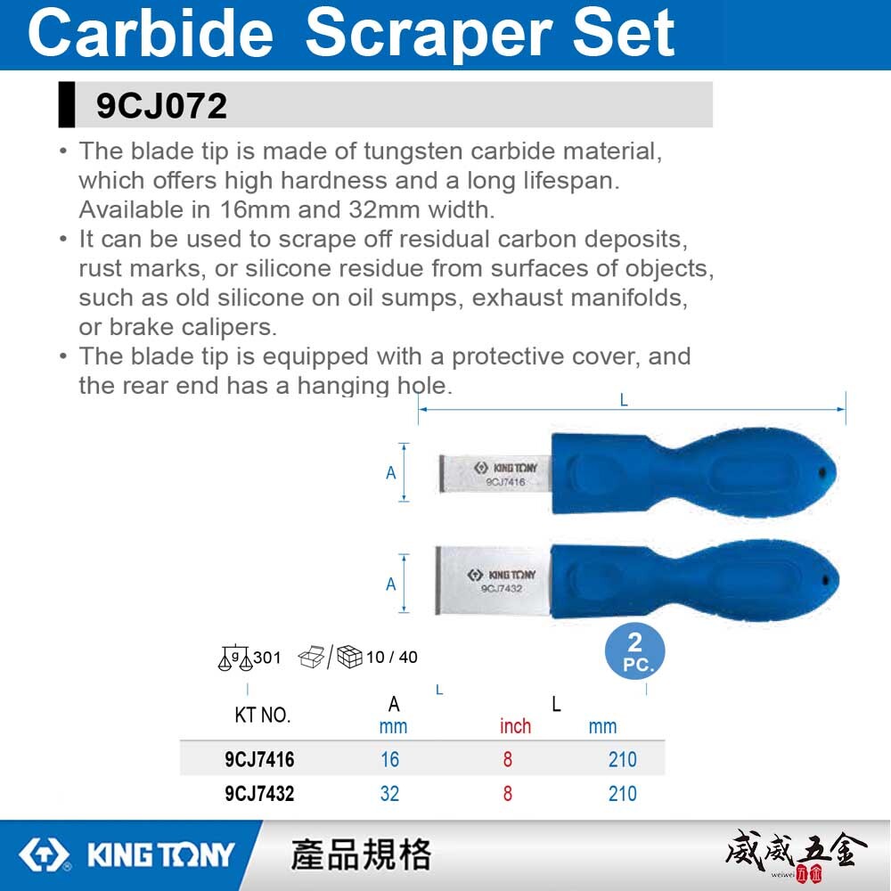 KING TONY 金統立｜2件式 鎢鋼刮刀組 16mm 32mm鎢鋼刮刀 多功能刮刀｜9CJ072｜台灣製