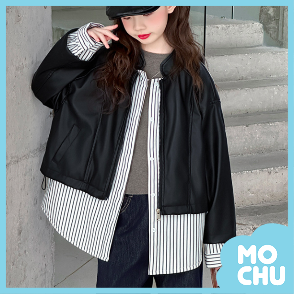 條紋衫拼接皮衣假兩件夾克