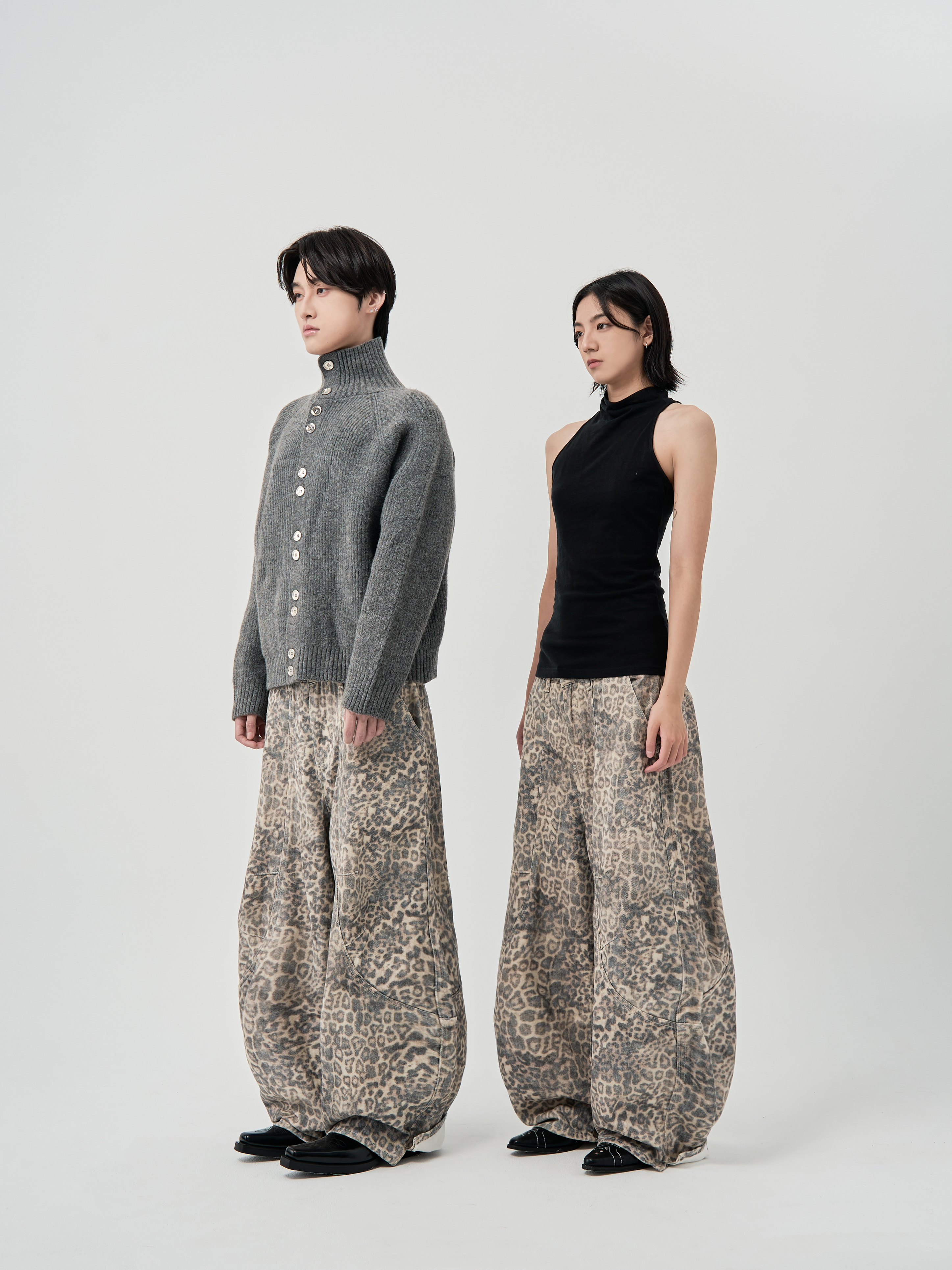 水洗低腰反折豹紋長褲