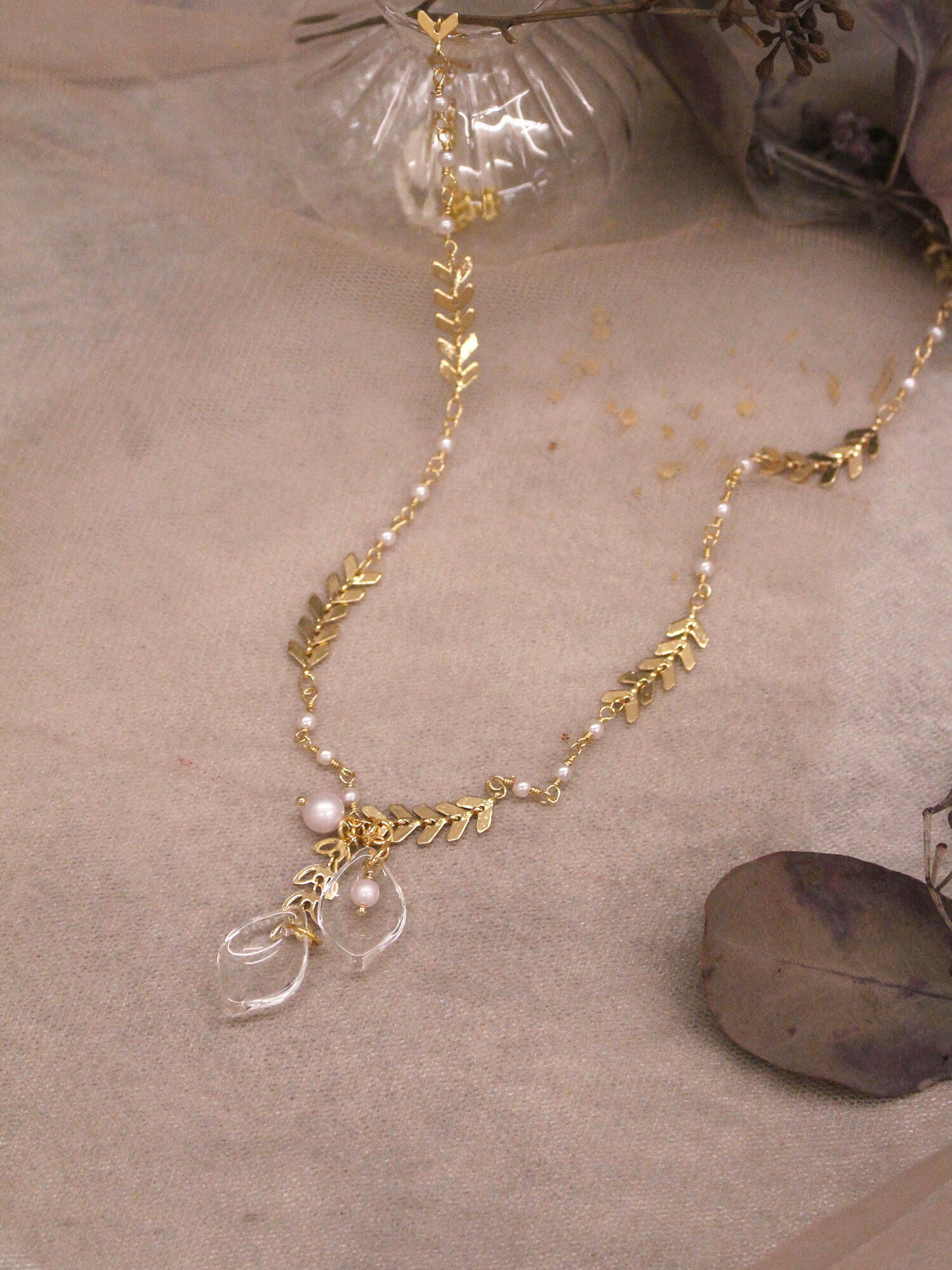 落葉微光。MUCHAT手作14KGP珍珠枝葉項鍊