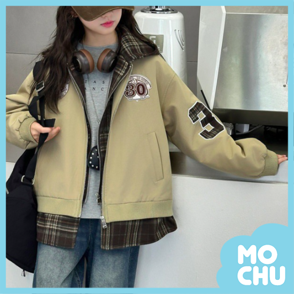 格紋雙層假兩件夾棉外套(二色)