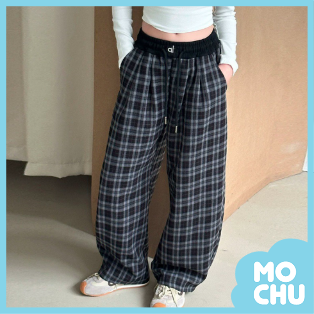 格紋抽繩彎刀褲(二色)