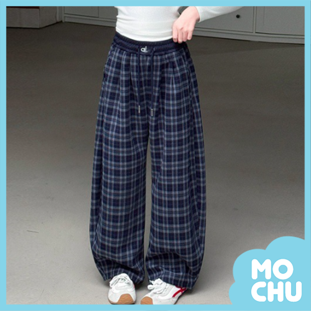 格紋抽繩彎刀褲(二色)