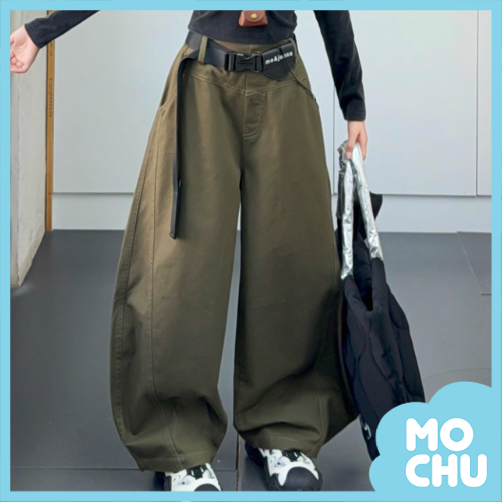 軍綠工裝彎刀寬褲(含腰帶)