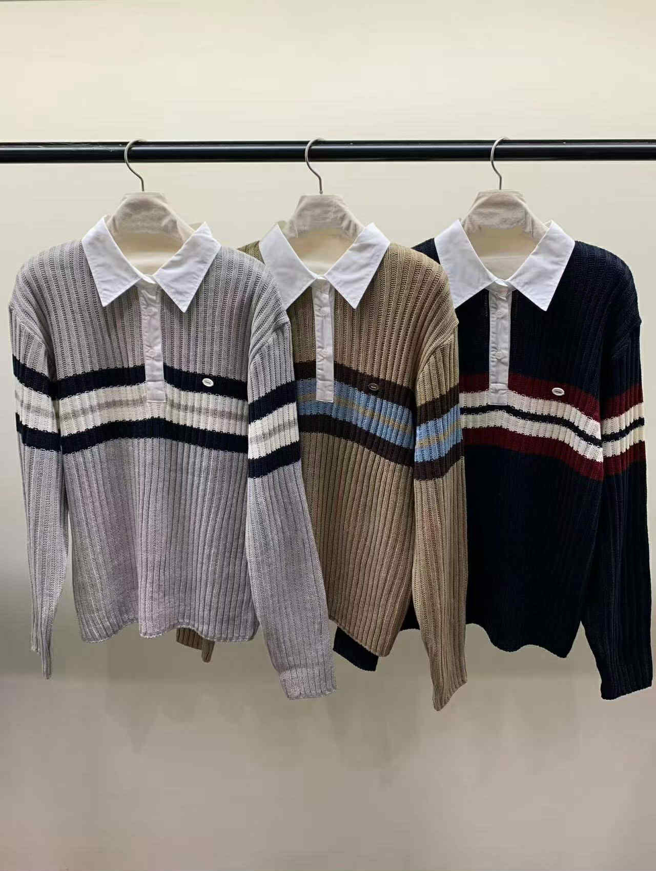 QC01 法式慵懶翻領拼色條紋針織衫