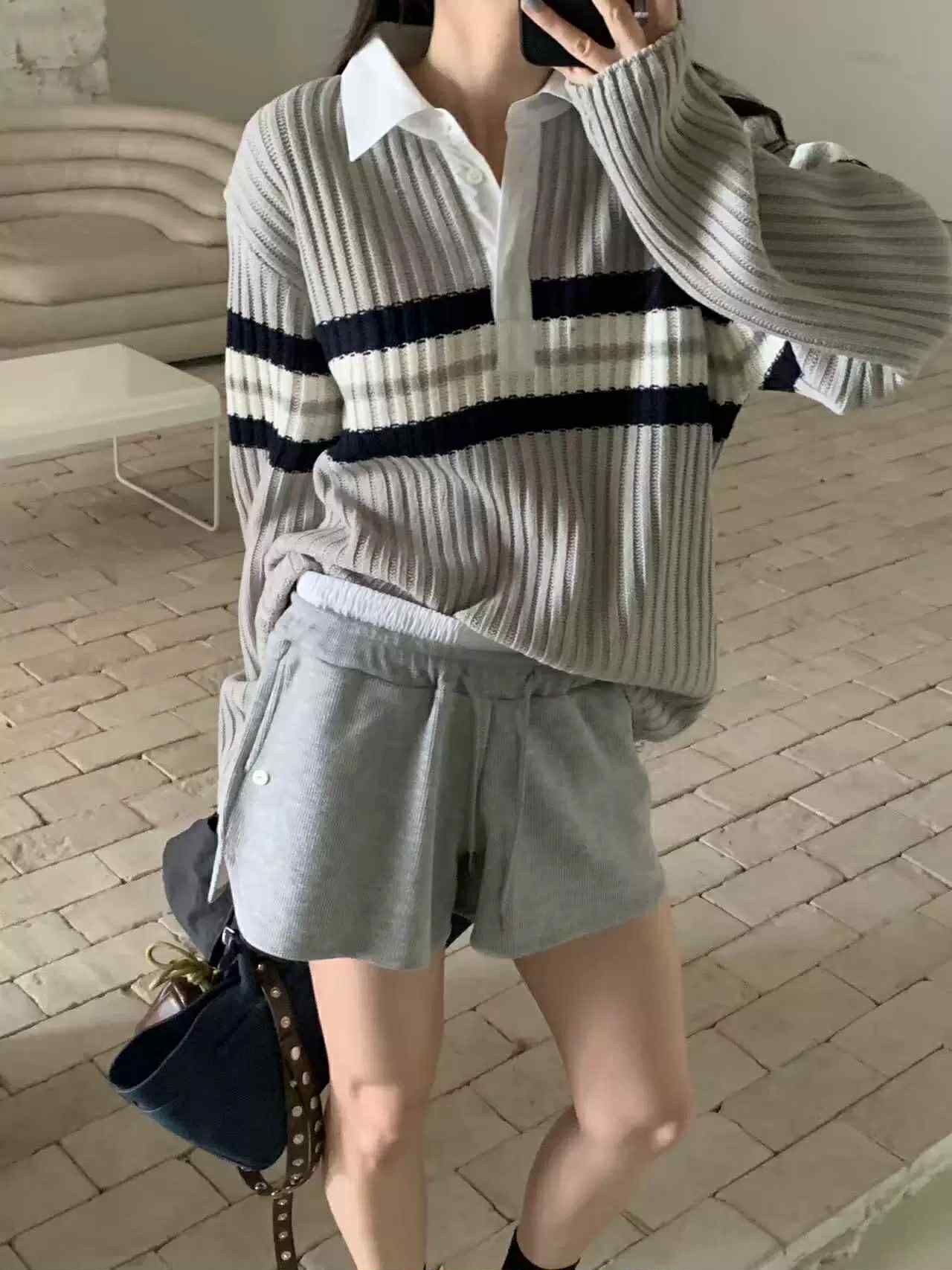 QC01 法式慵懶翻領拼色條紋針織衫（現貨）