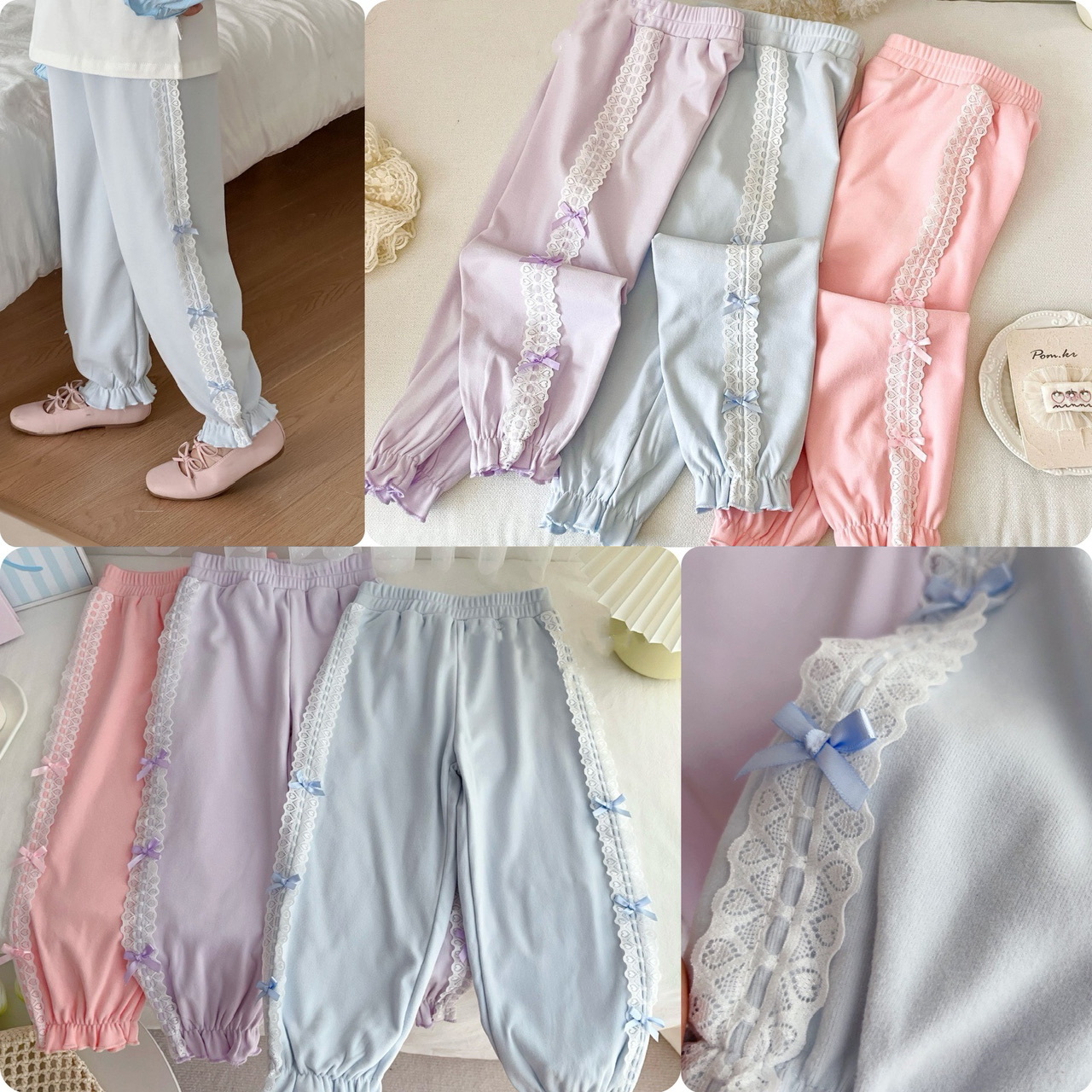 兒童蕾絲蝴蝶結邊束腳長褲 - 2502424