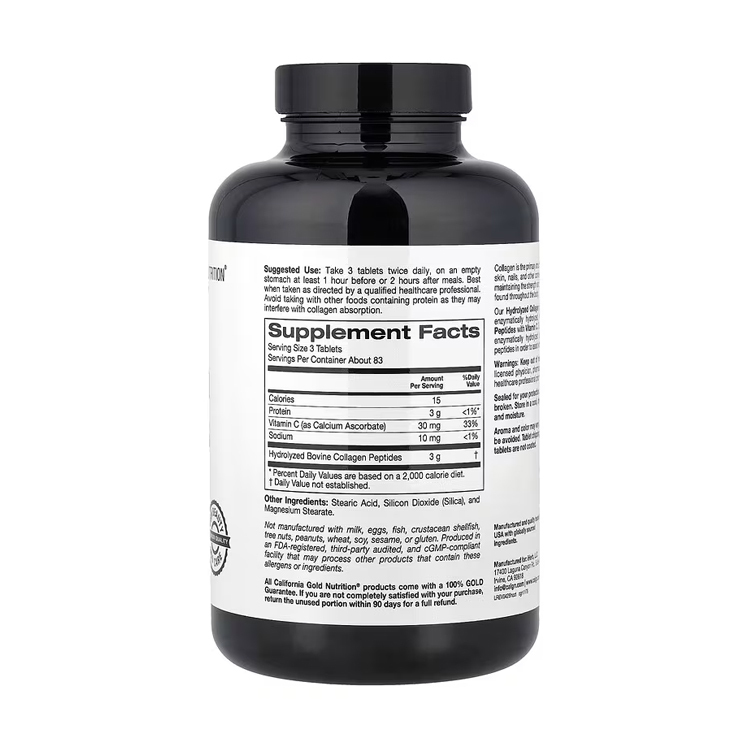 California Gold Nutrition Hydrolyzed Collagen Peptides + Vitamin C, Type 1 & 3, 250 Tablets