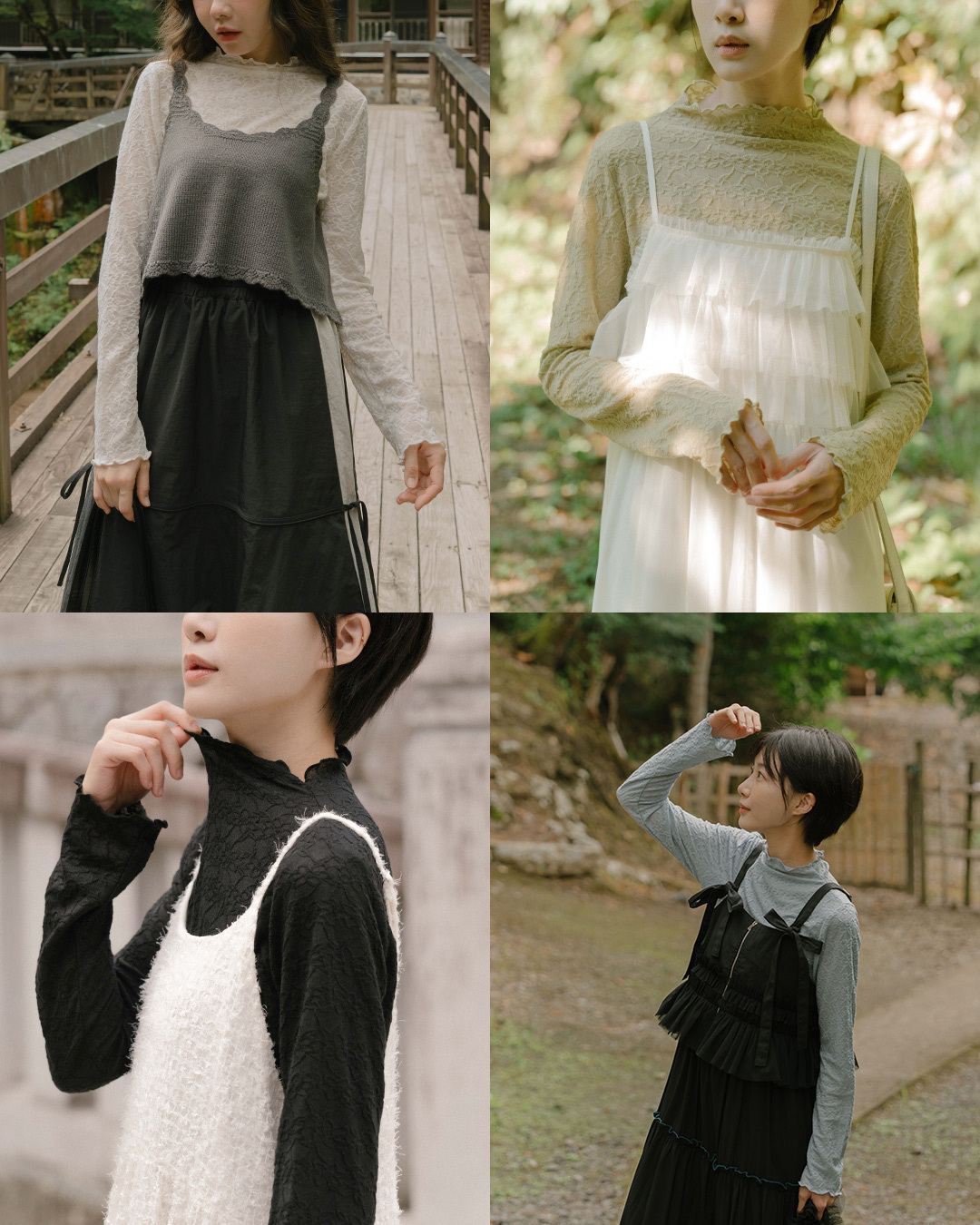 Jacquard wood ear hem slightly sheer turtleneck top in four colors【01099208】in stock+pre-order