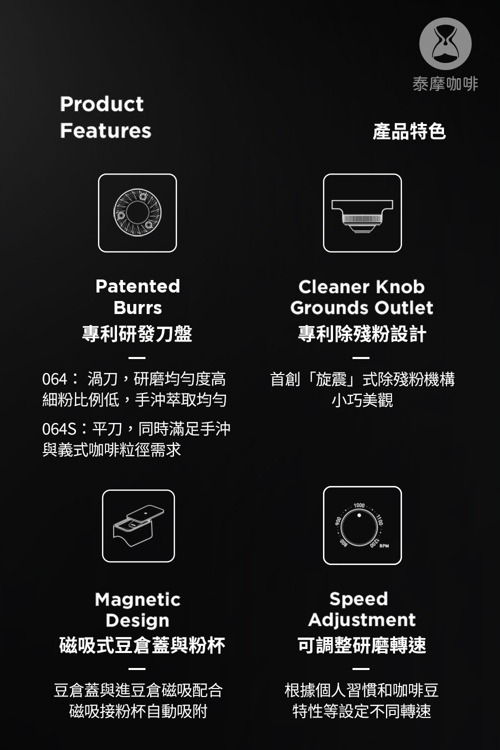 泰摩咖啡 雕刻家064S 電動磨豆機 白色/黑色