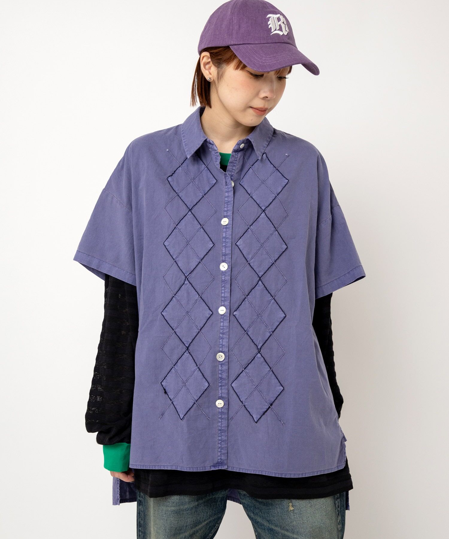 水洗紫立體縫線襯衫上衣