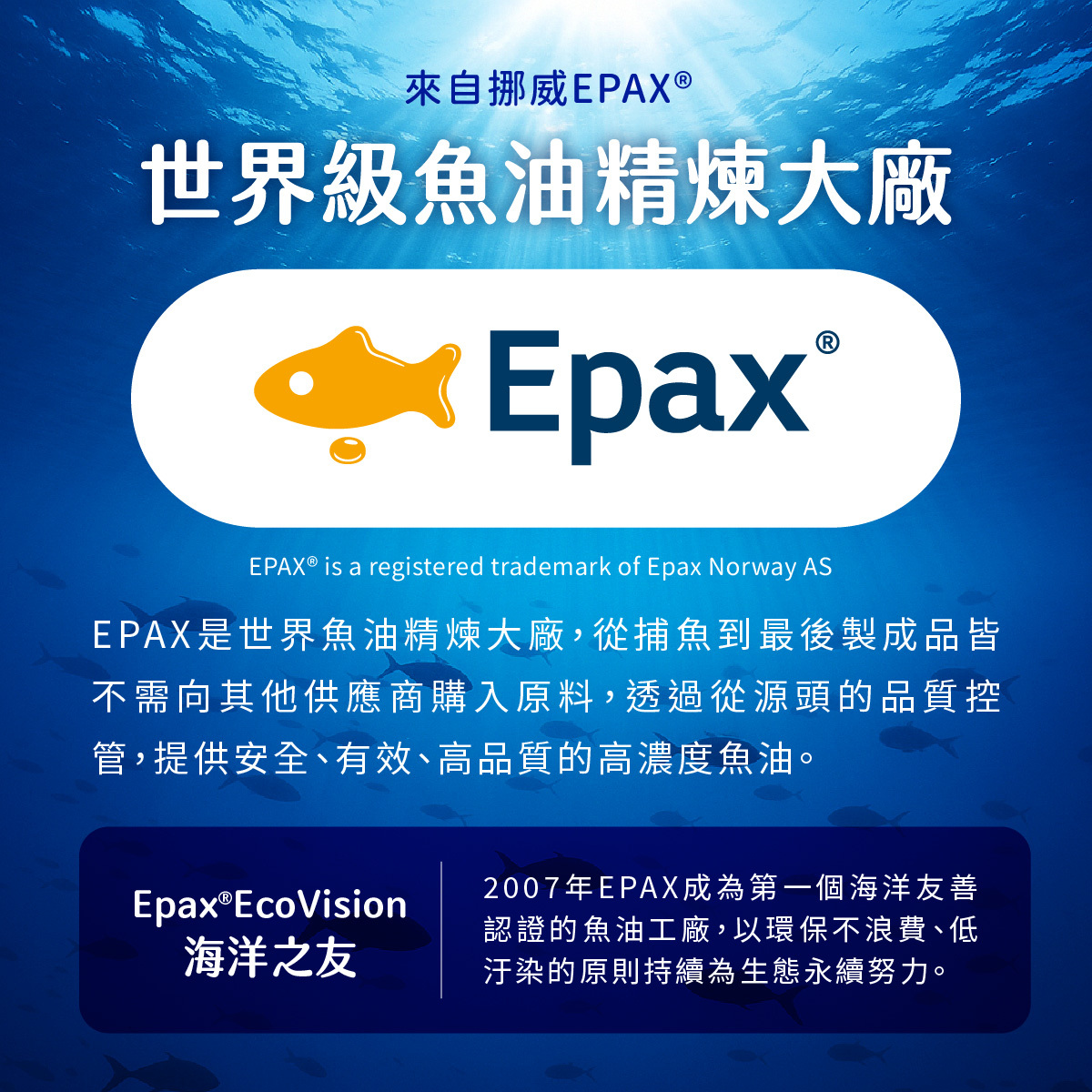 EPAX是世界魚油精煉大廠，從捕魚到最後製成品皆不需向其他供應商購入原料，透過從源頭的品質控管，提供安全、有效、高品質的高濃度魚油。