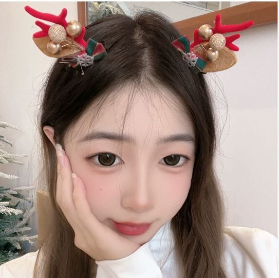 圣诞预购 ins可爱圣诞节鹿角发夹 随机1对