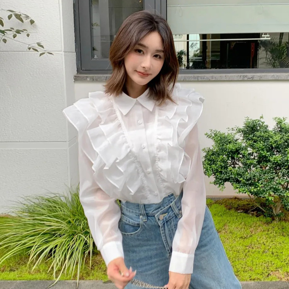 浪漫層次荷葉滾邊造型翻領襯衫-F / 2色 (Elegant & Love)