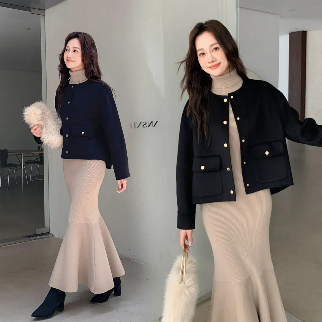 經典黑圓領排釦兩穿羊毛上衣外套-F (Elegant & Love)