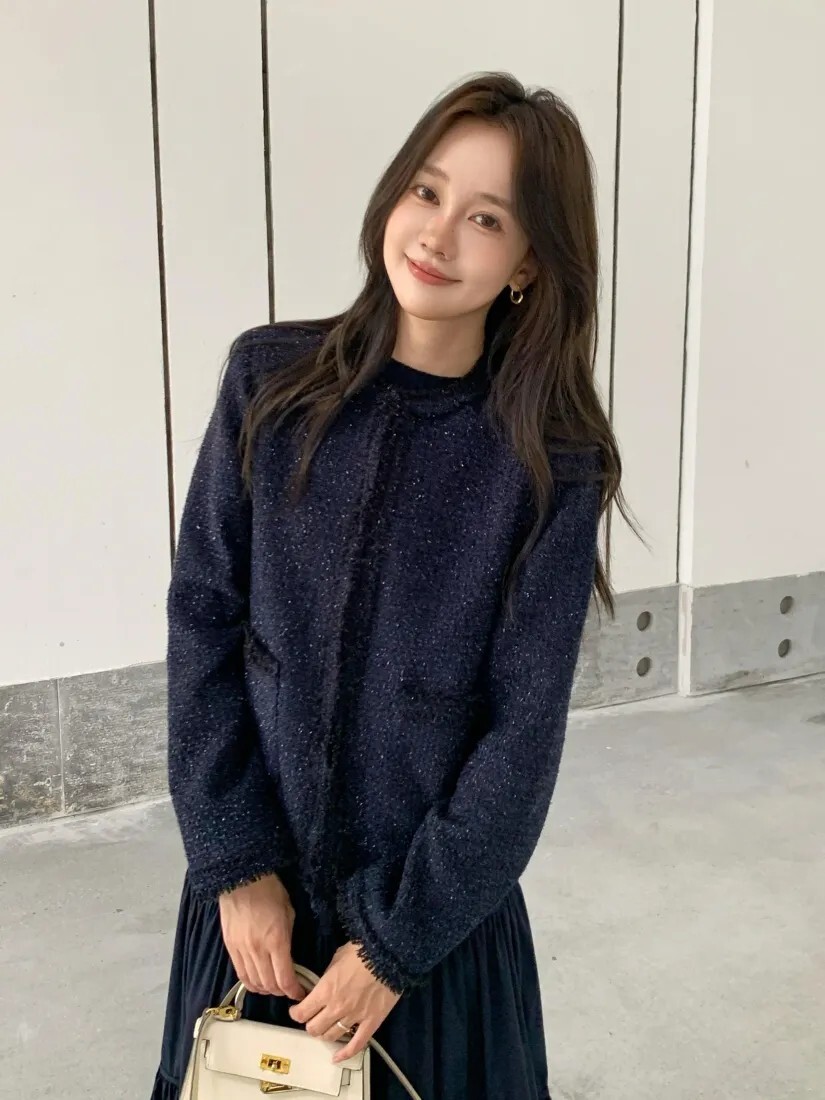 海軍藍抽鬚滾邊圓領混色上衣外套-F (Elegant & Love)