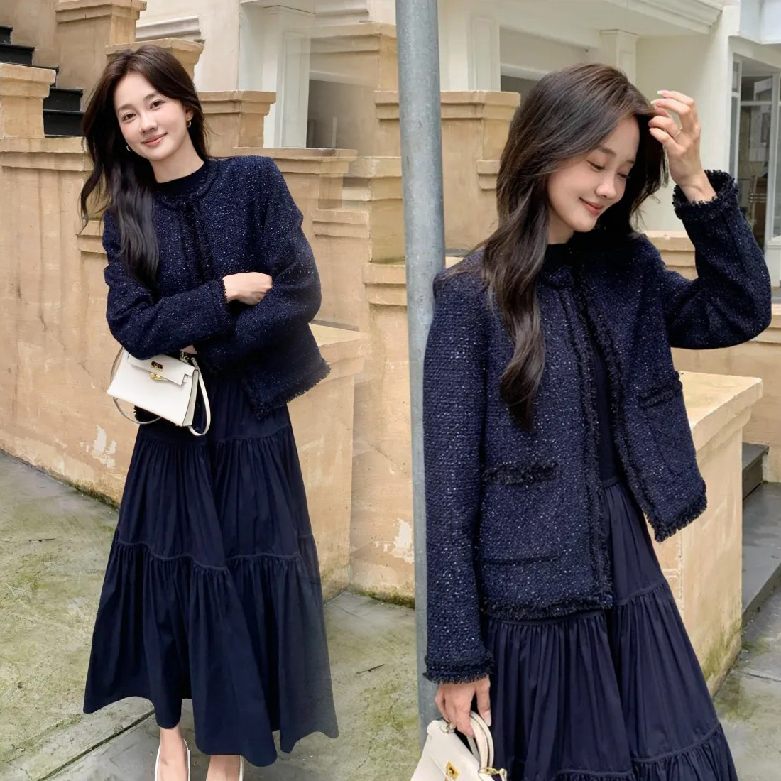 海軍藍抽鬚滾邊圓領混色上衣外套-F (Elegant & Love)