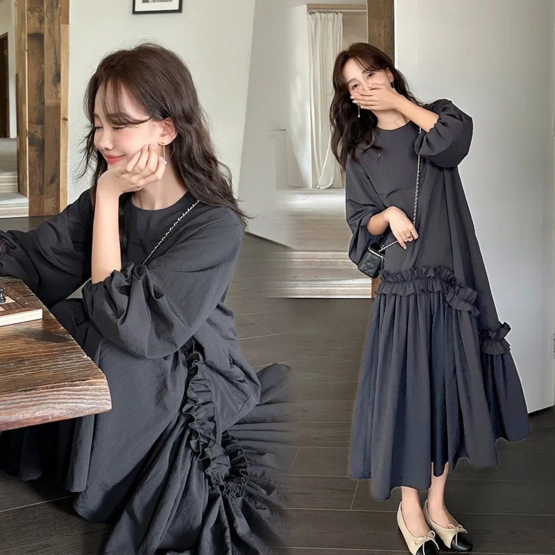 經典黑不對稱裙擺造型圓領長洋裝-F (Elegant & Love)