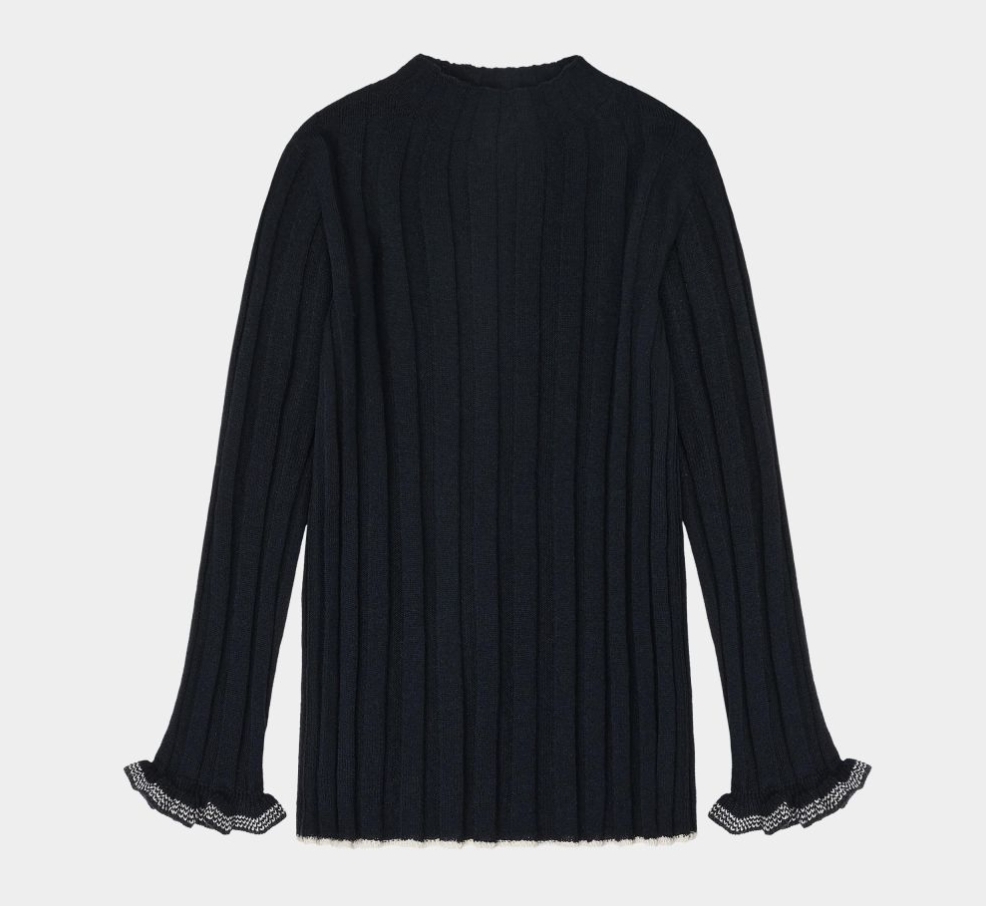 FUB 木耳花邊坑條上衣 High Neck Blouse-dark navy