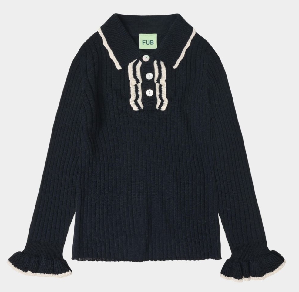 FUB 荷葉袖撞色坑條上衣 Frill Polo-dark navy