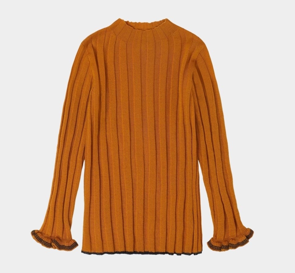 FUB 木耳花邊坑條上衣 High Neck Blouse-burnt amber