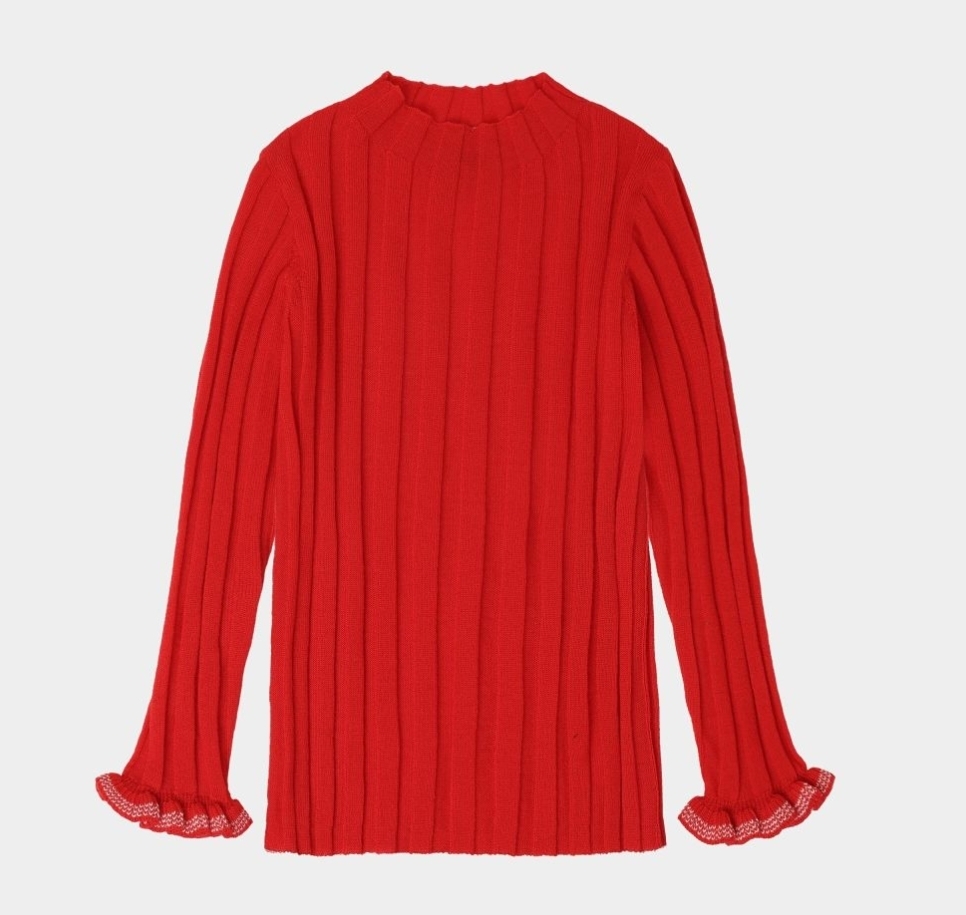 FUB 木耳花邊坑條上衣 High Neck Blouse-signal red