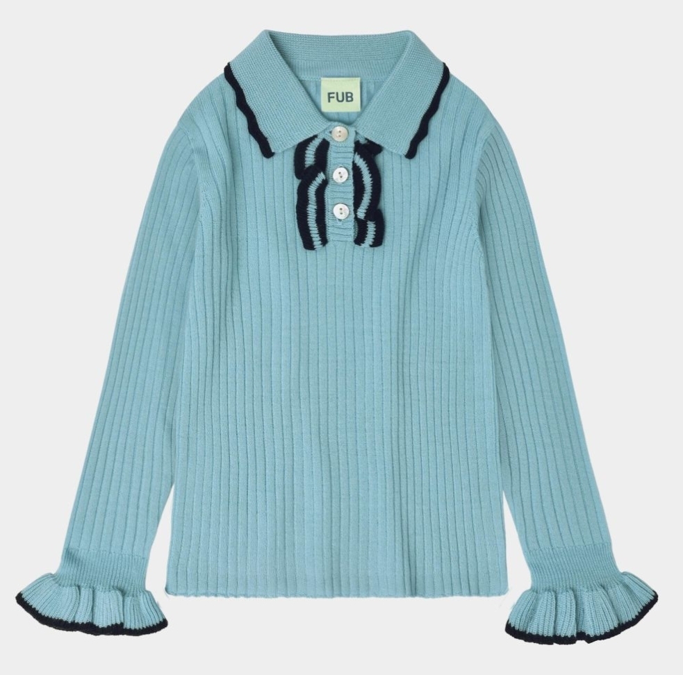 FUB 荷葉袖撞色坑條上衣 Frill Polo-aqua