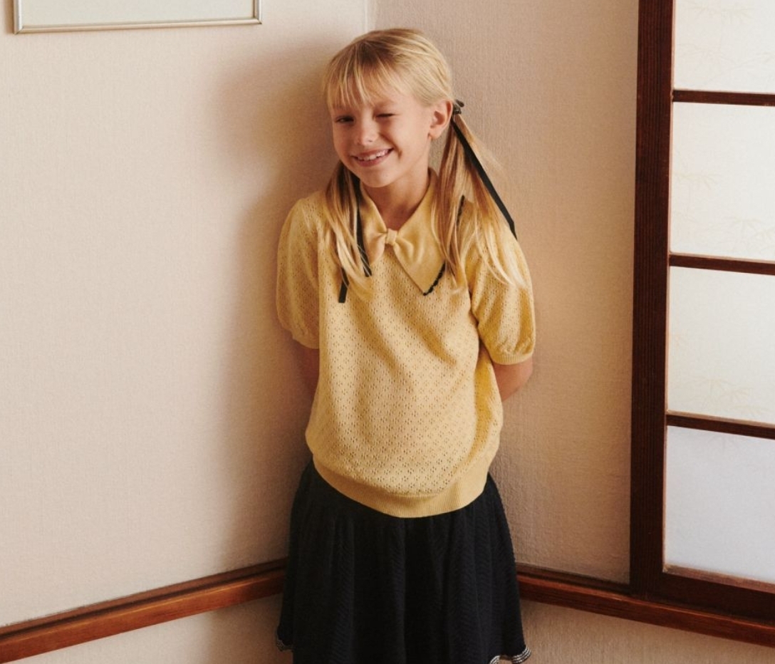 FUB 蝴蝶領結鏤空短袖上衣 Pointelle Polo-wheat