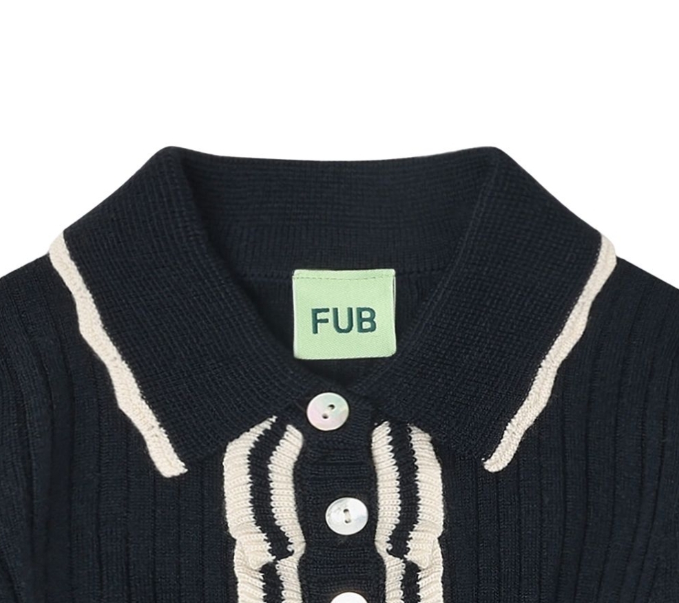 FUB 荷葉袖撞色坑條上衣 Frill Polo-dark navy