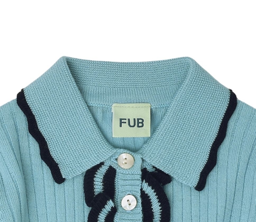 FUB 荷葉袖撞色坑條上衣 Frill Polo-aqua