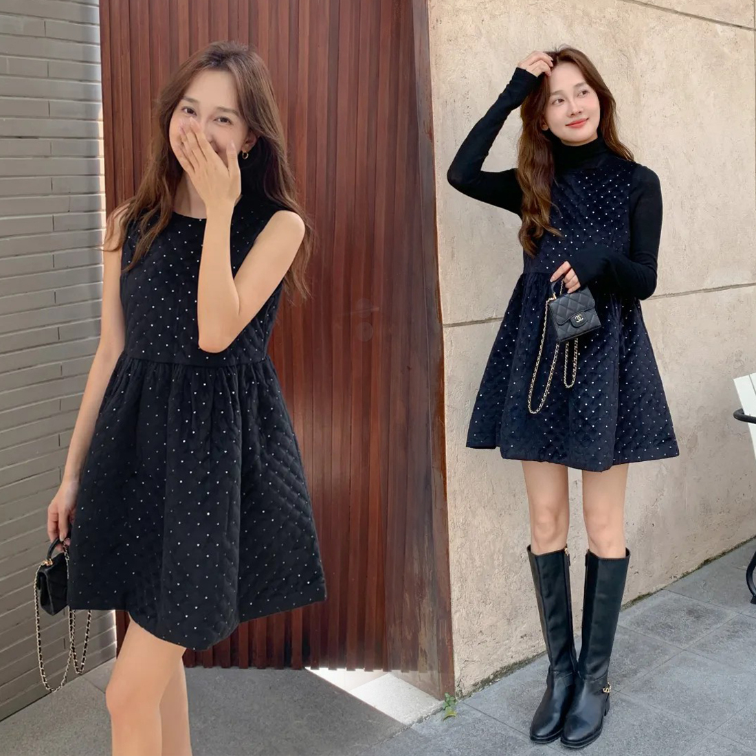 經典黑亮鑽菱格壓紋圓領背心短洋裝-F (Elegant & Love)