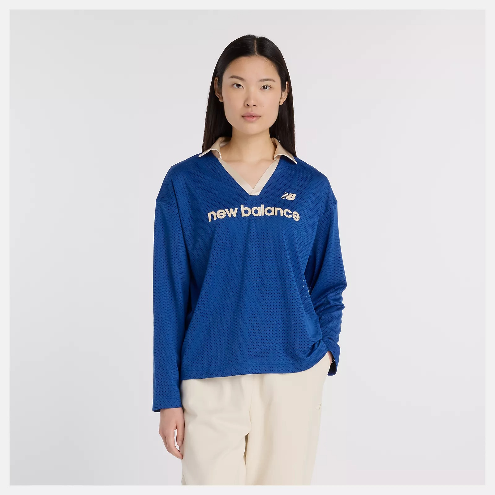 NEW BALANCE 長袖 NB 藍金 V領 網眼 復古球衣 女 WT53530GAB