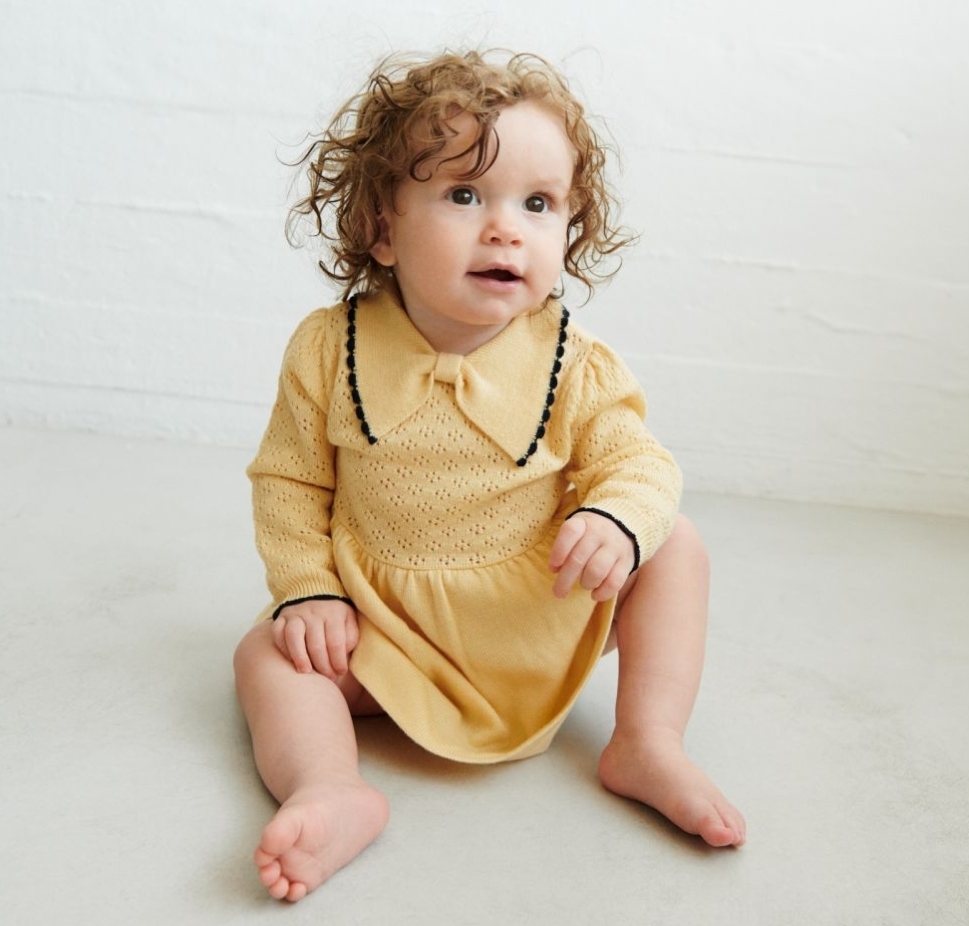 FUB 蝴蝶領結鏤空撞色洋裝 Baby Dress-wheat