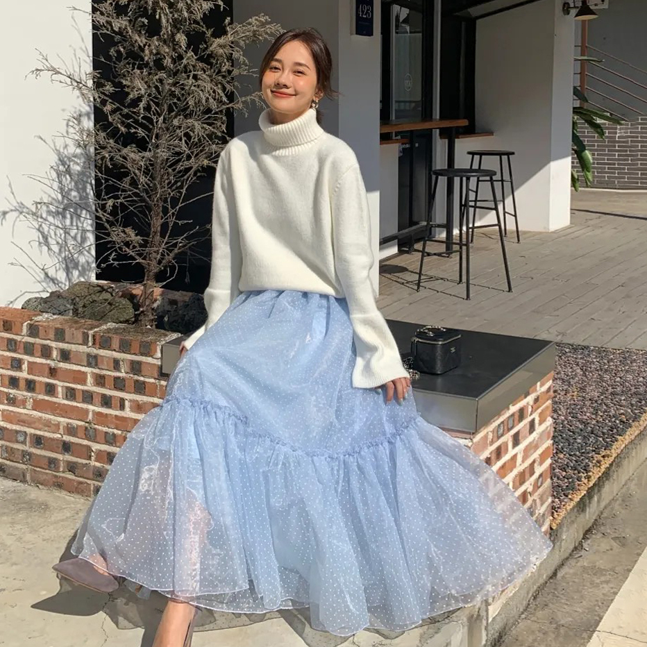 愛麗絲藍配色點點傘擺層次長裙-S-L (Elegant & Love)