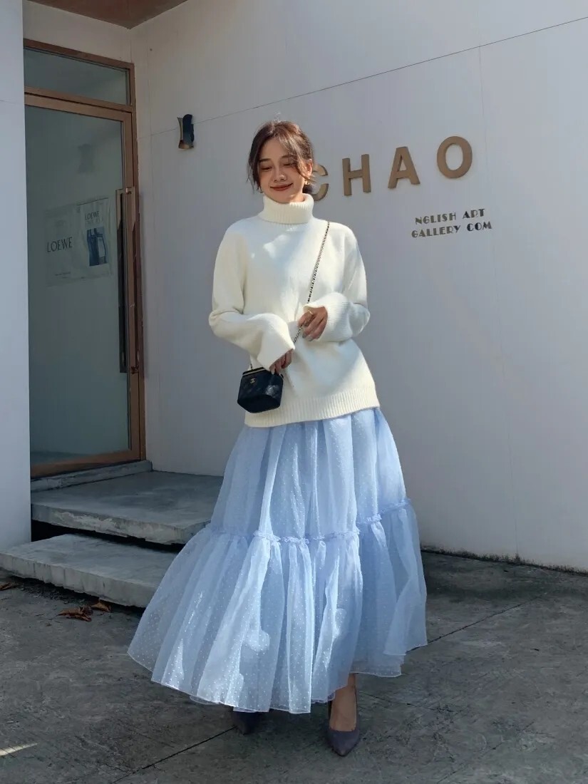 愛麗絲藍配色點點傘擺層次長裙-S-L (Elegant & Love)